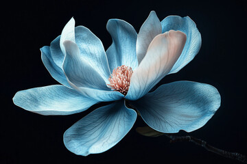 Black and white abstract macro image of blooming spring flower with delicate soft petals on black background created using generative ai
