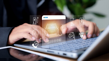 Industrial Engineer and AI, Artificial Intelligence concept, Manager Technical Industrial Engineer people and control robotics with monitoring system software and icon industry, Car EV technology