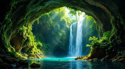 cave waterfall verdant opening