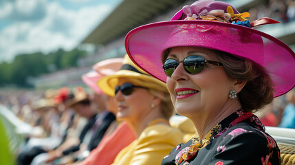 Royal Ascot festival, guests with elegant hats and formal clothes gather in the luxurious stands, horse racing is in progress with horses running fast, Ai generated images