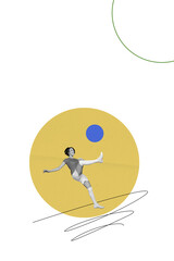 Composite trend artwork sketch image photo collage of outdoors monochrome young lady run runner sportswoman play football kick ball