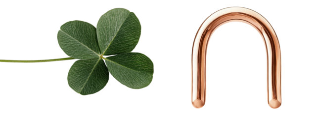 Elegant isolated minimalist mockups featuring a four-leaf clover and a copper half-moon shape in a clean composition