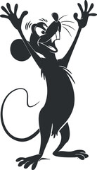 Silhouette of a joyful cartoon mouse character with arms raised in excitement.