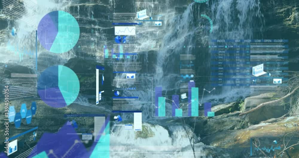 Poster animating data visualization and graphs over waterfall landscape in nature setting