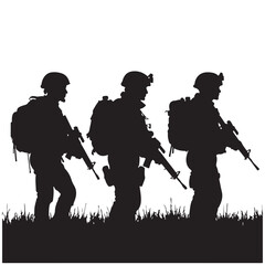 Naklejka premium Soldiers Silhouette Military Team on Patrol Vector Art.