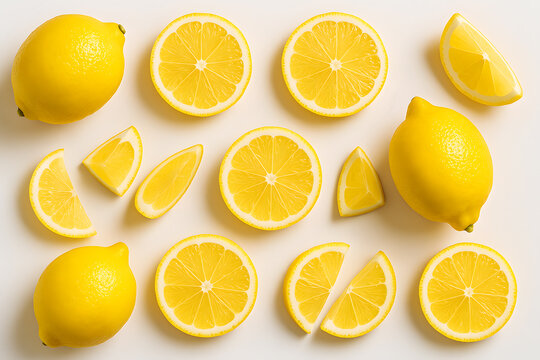 Fresh lemons, whole and sliced, arranged on a white surface