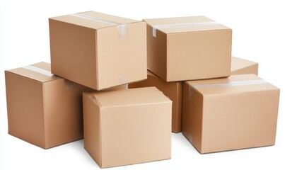 Stacked brown cardboard boxes sealed with tape on a white surface close up.