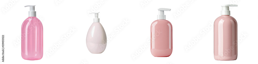 Poster minimalist collection of isolated bottles showcasing various shapes and colors for personal care pro