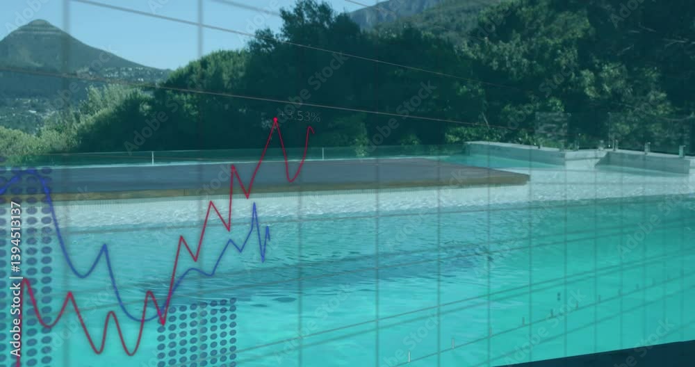 Poster graph lines overlaying swimming pool with mountain view, creating animation effect
