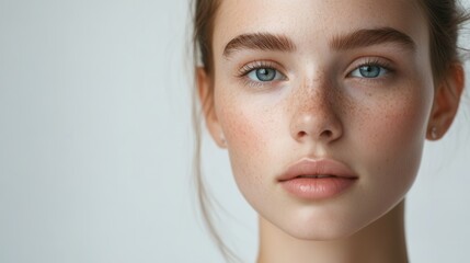 A striking stock image featuring a close-up portrait of a beautiful woman with natural makeup. The image conveys a sense of natural beauty, elegance, and the power of simplicity.