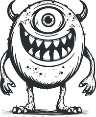 Black and white cartoon illustration of a whimsical, one-eyed monster with big teeth and horns.