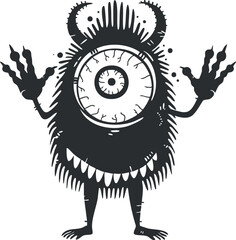Black and white cartoon monster illustration with one eye, fangs, and spiky features.