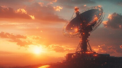 A striking sunset illuminates a large satellite dish, highlighting the fusion of technology and nature in a captivating landscape.