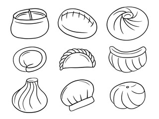 Set of dish with dough and meat in sketch style. Chinese dumplings, gyoza, vareniki, khinkali, dim sum and manti doodle set