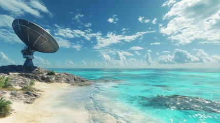 A satellite dish overlooks a serene beach, with turquoise waters and a bright sky, blending technology with nature.