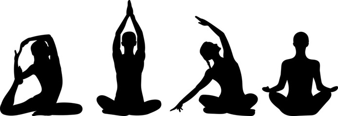 silhouette woman stretching yoga on white background, vector