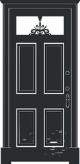 Illustration of a classic black door with ornate design and rectangular panels.