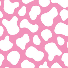  a seamless cow print pattern with a light pink background. The cow spots should be bold and black with bright hot pink, and blue ,  animal, art, background, black, bull, camouflage, cartoon, cow