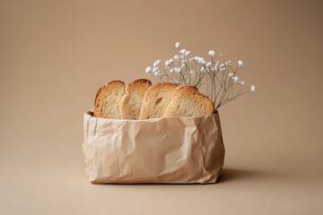 Slices of Toasted Bread and Flowers Resting Inside a Paper Bag