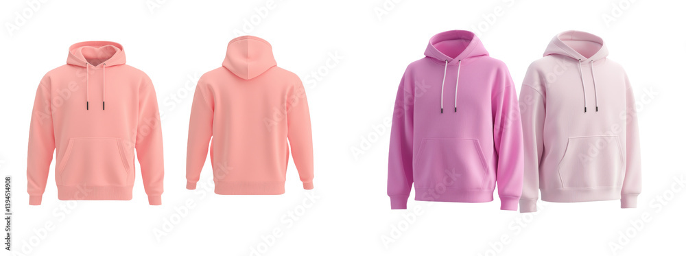 Poster minimalist mockups of pink and purple hoodies showcasing different angles and design details in a cl