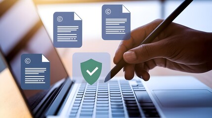 Intellectual copyright concept. Patents and intellectual property protection law and rights. Man use laptop with sheet of copyright and legislation.
