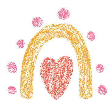 Cute rainbow and heart drawind with crayon brush texture effect. Vector childlike illustration