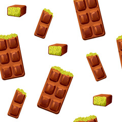 Seamless pattern of dubai luxury chocolate with  pistachio paste and kunafa. Premium sweet food background