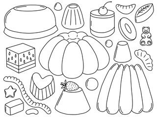 Jelly candy and cakes vector doodle set. Gummy desserts in different shapes set