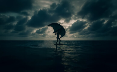 Wing surfer suspended above choppy waters with bold clouds overhead, creating a cinematic moment full of motion and natural power.