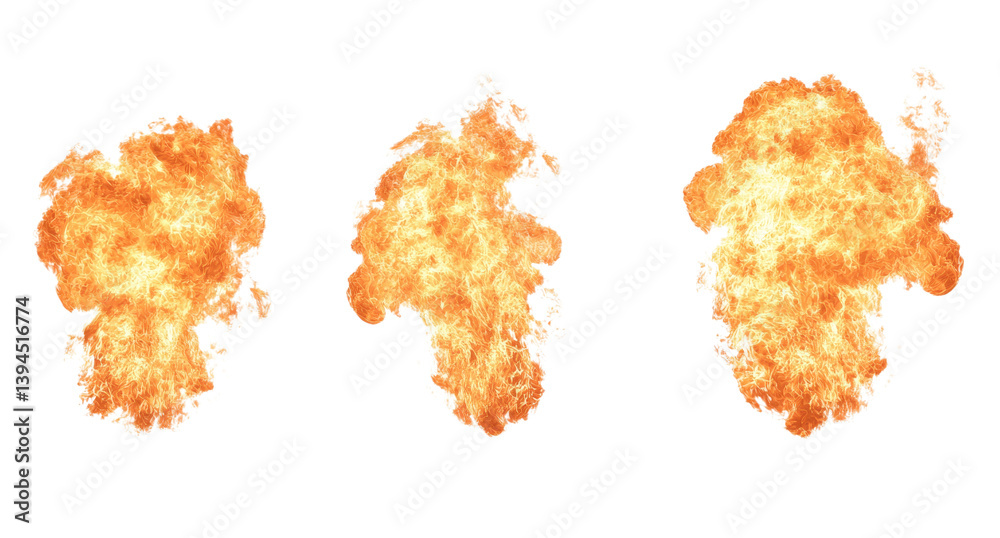 Poster three isolated fire explosions in minimalist style for creative graphic design projects