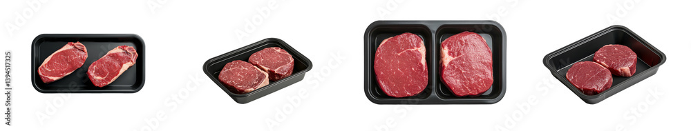 Poster fresh isolated minimalist mockups of raw beef cuts on black trays showcasing quality and presentatio