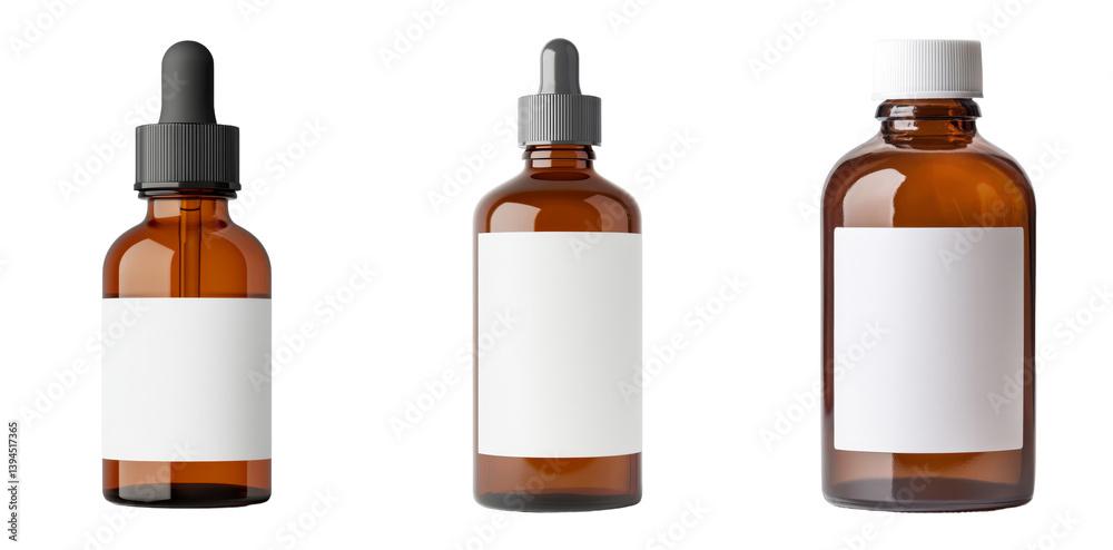 Poster minimalist isolated mockups of three amber glass dropper bottles with blank labels for product showc