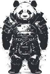 Illustration of a panda warrior in detailed armor, blending fierce and cute elements in black and white.