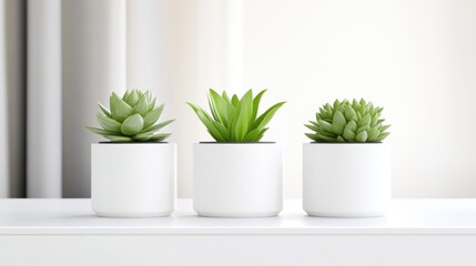 Minimalist succulent display on a white surface.  Three small potted succulents of various shapes, sitting in white ceramic pots, against a backdrop of white curtains.  A serene and simple arrangement