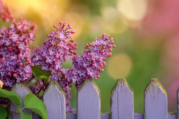 Obraz premium Spring lilac bush blooming behind wooden fence in vibrant garden with soft background bokeh and green leaves created with generative ai