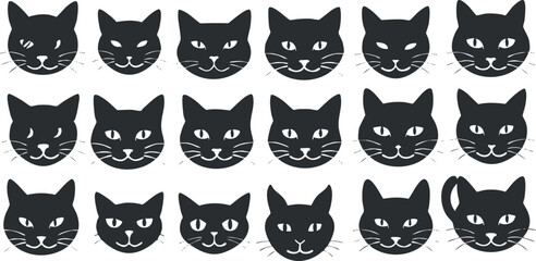 Vector illustration of black cat faces in a repeated pattern on a white background.