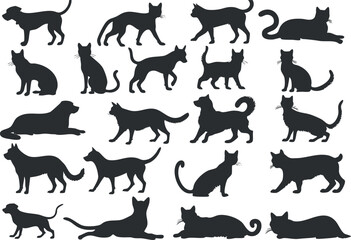 Collection of cat and dog silhouettes in various poses, ideal for design and decoration.