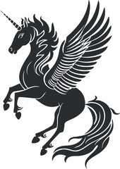 Fototapeta premium Black silhouette of a winged unicorn combining elements of fantasy and mythology.