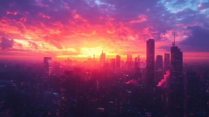 A vibrant city skyline at sunset, with colorful clouds and towering buildings silhouetted against the horizon.