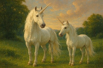 Obraz premium Majestic unicorns in serene landscape.