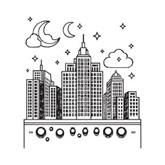 Fototapeta premium On a white background illustrate a black and white coloring book line art of A scene of a retro-style subtle pixelated city skyline, featuring blocky skyscrapers with intricate window patterns.