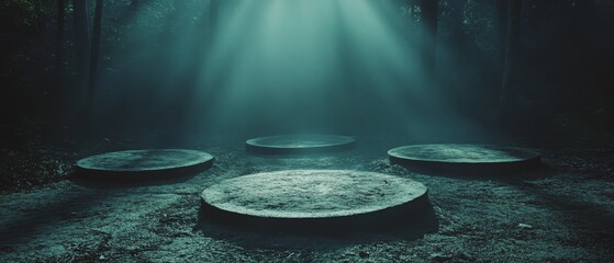Mysterious circular platforms lie beneath ethereal beams of light in the misty forest, hinting at untold secrets and ancient rituals.
