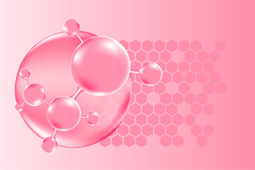 Pink serum molecule icon, collagen, peptide or hyaluronic acid. Vitamin solution complex with honeycomb texture gradient background with copy space for beauty treatment, nutrition skin care