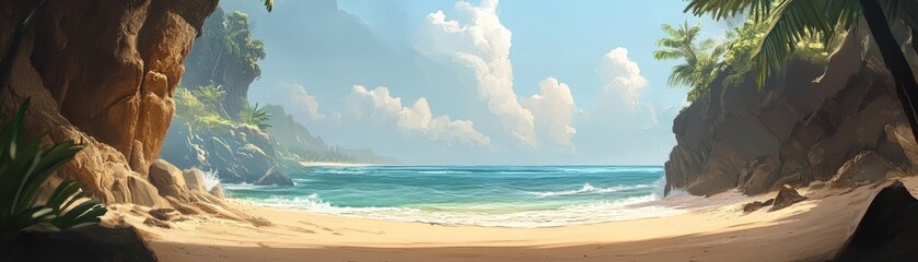 Tropical island beach scene with rocky cove