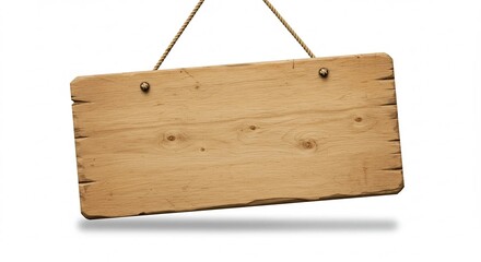 The wooden sign hangs isolated on a white background