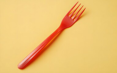 Red Plastic Fork on Yellow Background Minimalist Product Photography