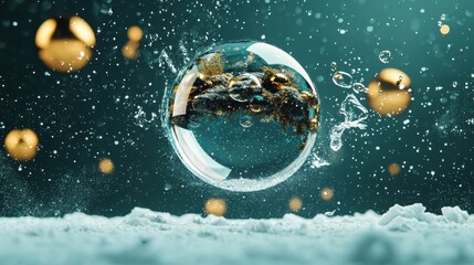 A crystal ball with gold spheres and bubbles floating in a blue-green background.