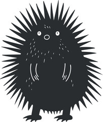 Cartoon black and white illustration of a cute, spiky hedgehog character with simple lines.
