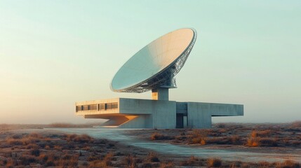 Obraz premium A modern satellite dish stands on a concrete base in a desolate landscape at sunrise, showcasing a blend of technology and nature.