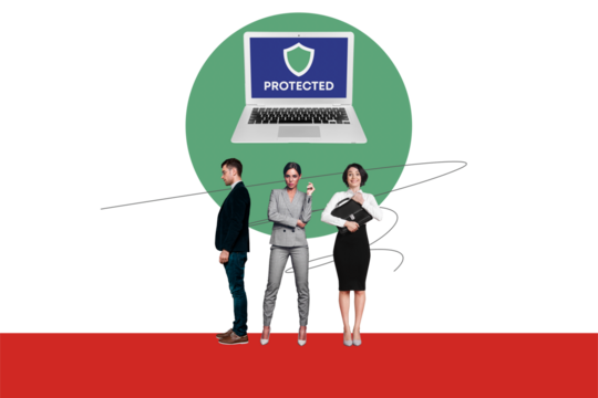Creative collage picture illustration image black white filter serious busy young woman man protected security empty white background